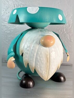 Whimsical Blue Metal Gnome Plant Stand Medium Size